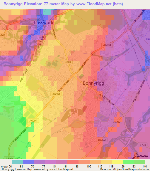 Bonnyrigg,UK Elevation Map