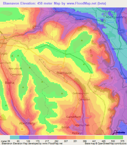 Blaenavon,UK Elevation Map