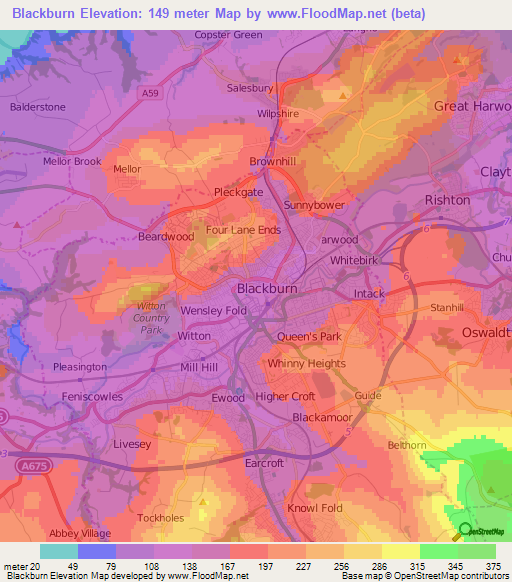 Blackburn,UK Elevation Map