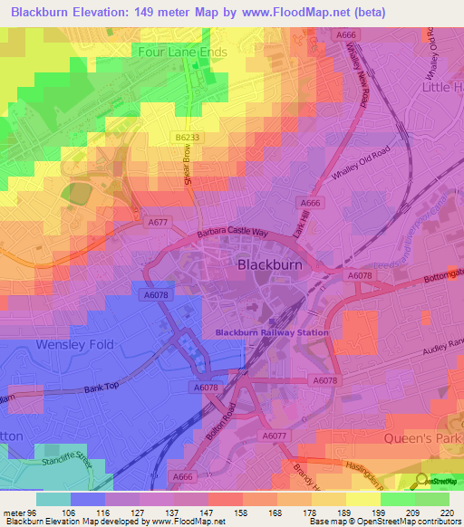 Blackburn,UK Elevation Map