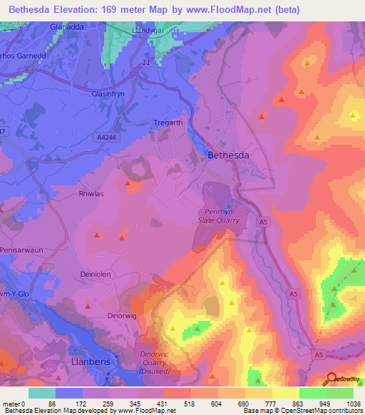 Bethesda,UK Elevation Map