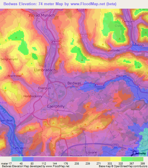 Bedwas,UK Elevation Map
