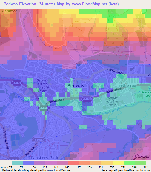 Bedwas,UK Elevation Map