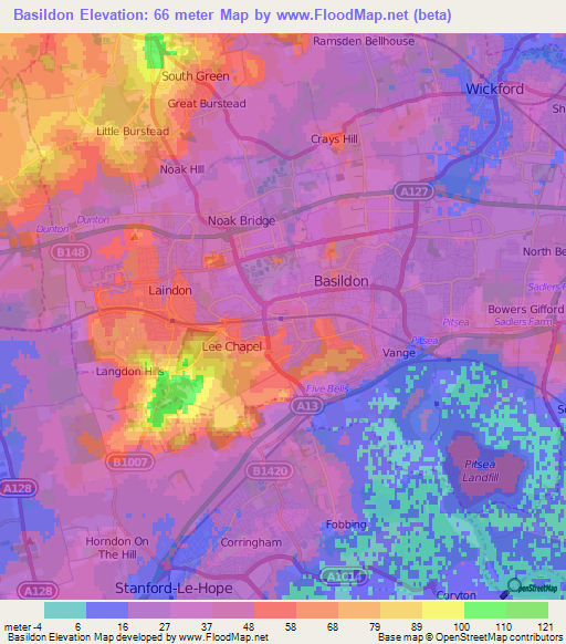 Basildon,UK Elevation Map