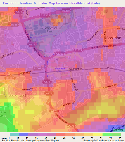 Basildon,UK Elevation Map