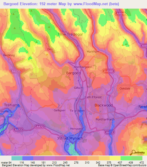 Bargoed,UK Elevation Map