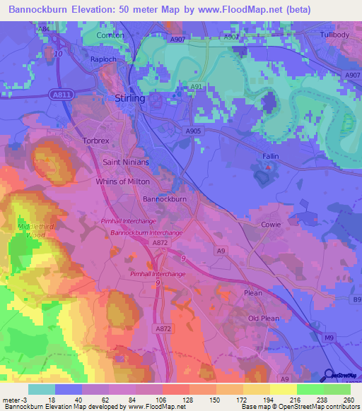 Bannockburn,UK Elevation Map