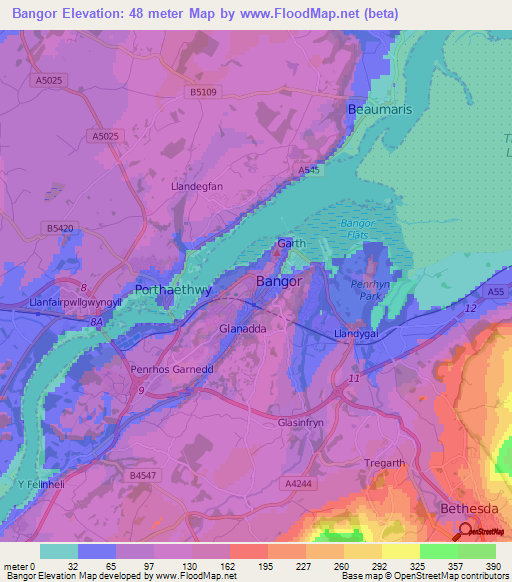 Bangor,UK Elevation Map