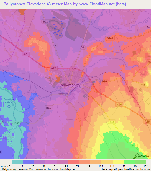 Ballymoney,UK Elevation Map