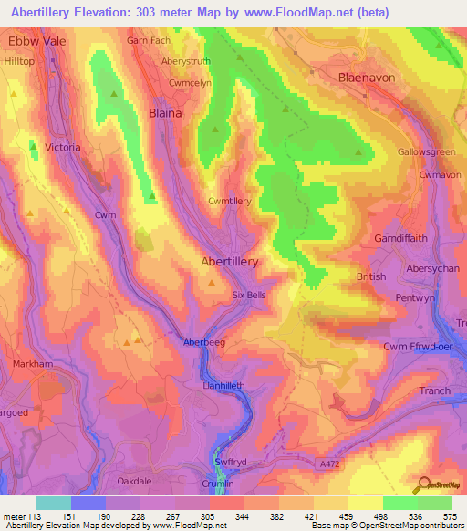 Abertillery,UK Elevation Map