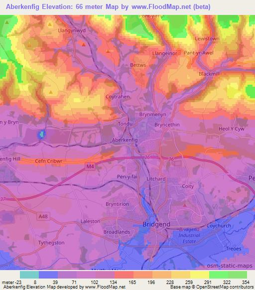 Aberkenfig,UK Elevation Map
