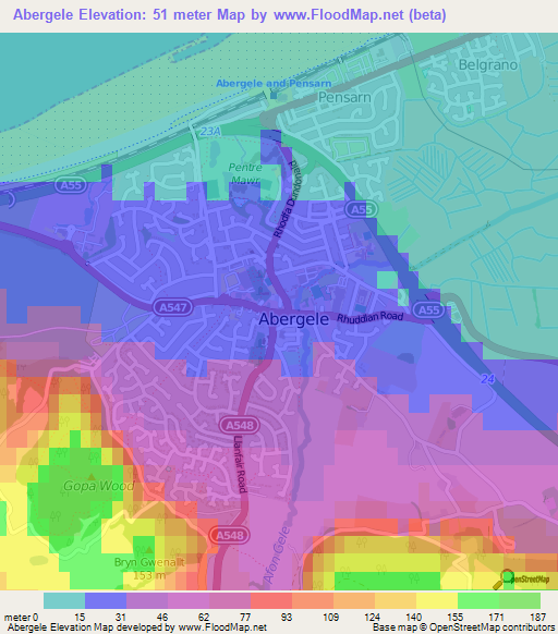 Abergele,UK Elevation Map