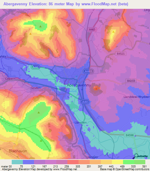 Abergavenny,UK Elevation Map