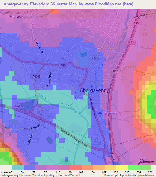 Abergavenny,UK Elevation Map