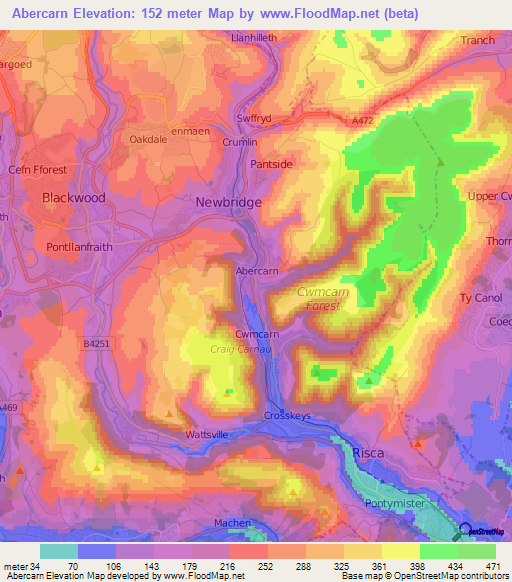 Abercarn,UK Elevation Map