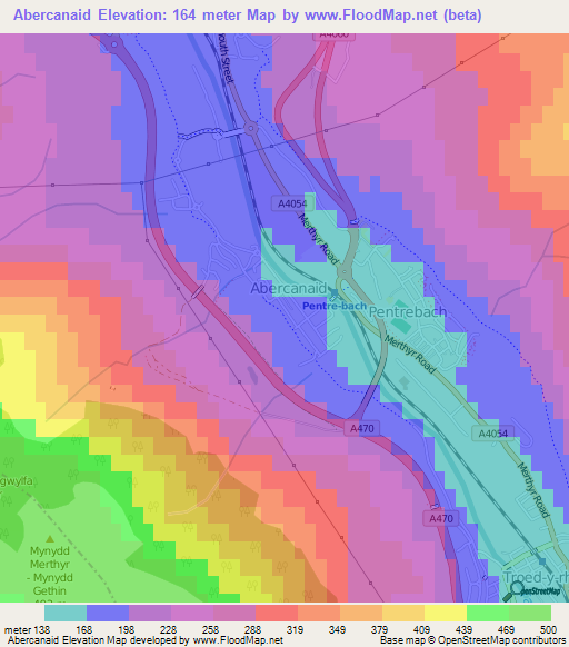Abercanaid,UK Elevation Map