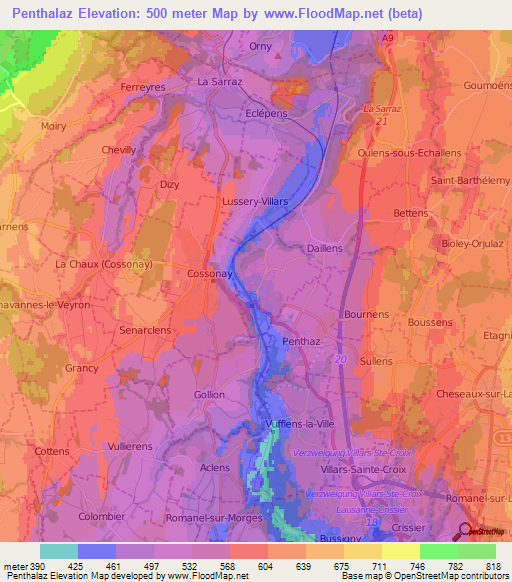 Penthalaz,Switzerland Elevation Map