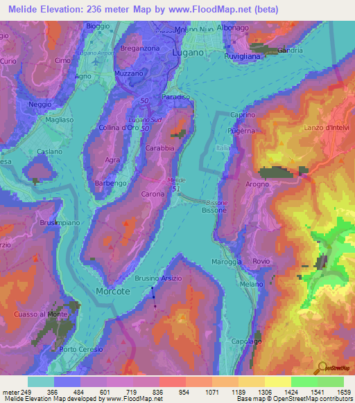 Melide,Switzerland Elevation Map