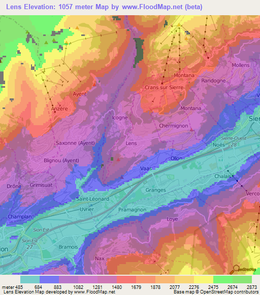 Lens,Switzerland Elevation Map