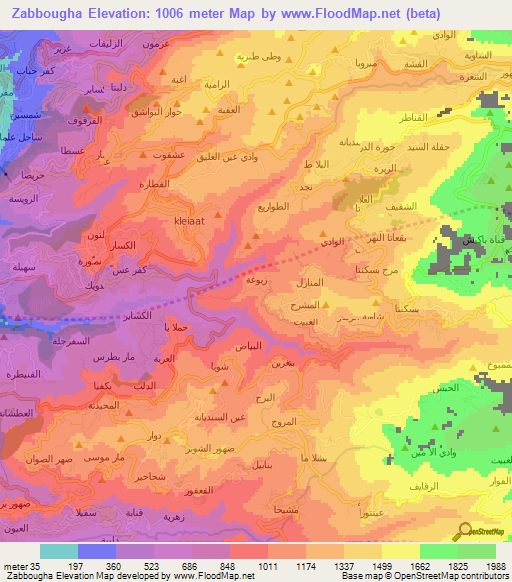 Zabbougha,Lebanon Elevation Map