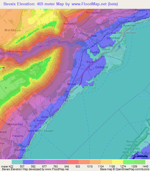 Bevaix,Switzerland Elevation Map