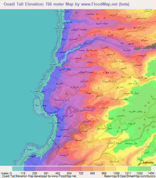 Ouadi Tali,Lebanon Elevation Map