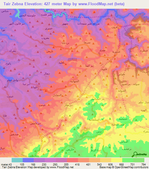 Tair Zebna,Lebanon Elevation Map