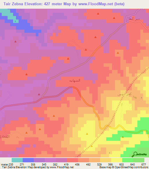 Tair Zebna,Lebanon Elevation Map