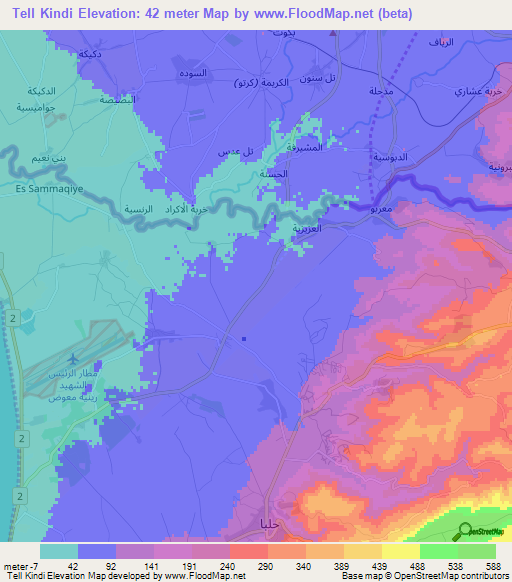 Tell Kindi,Lebanon Elevation Map