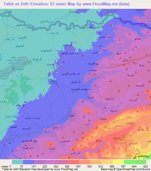 Tallet ez Zefir,Lebanon Elevation Map