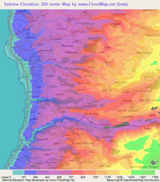 Sebrine,Lebanon Elevation Map