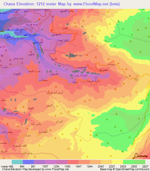 Chana,Lebanon Elevation Map
