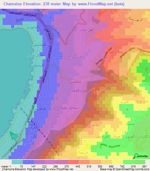 Chamsine,Lebanon Elevation Map