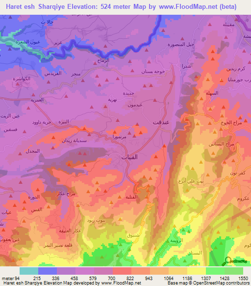 Haret esh Sharqiye,Lebanon Elevation Map