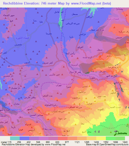 Rechdibbine,Lebanon Elevation Map