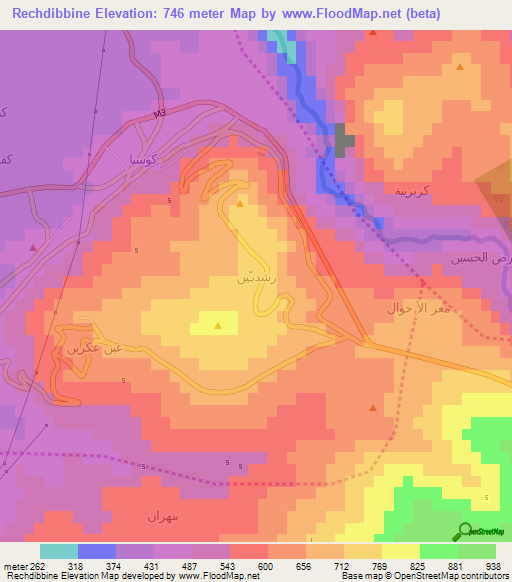 Rechdibbine,Lebanon Elevation Map