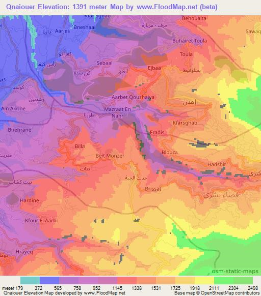 Qnaiouer,Lebanon Elevation Map