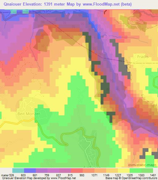 Qnaiouer,Lebanon Elevation Map
