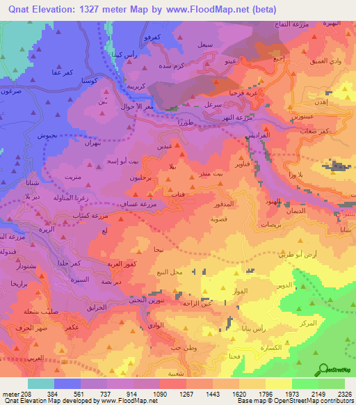 Qnat,Lebanon Elevation Map