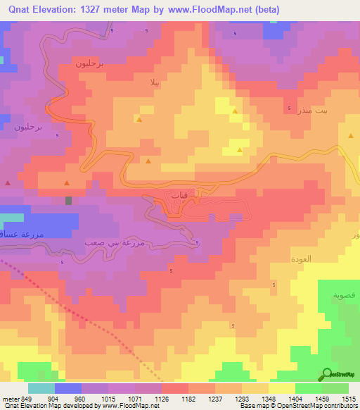 Qnat,Lebanon Elevation Map