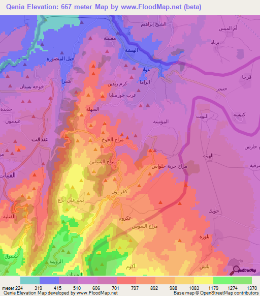 Qenia,Lebanon Elevation Map