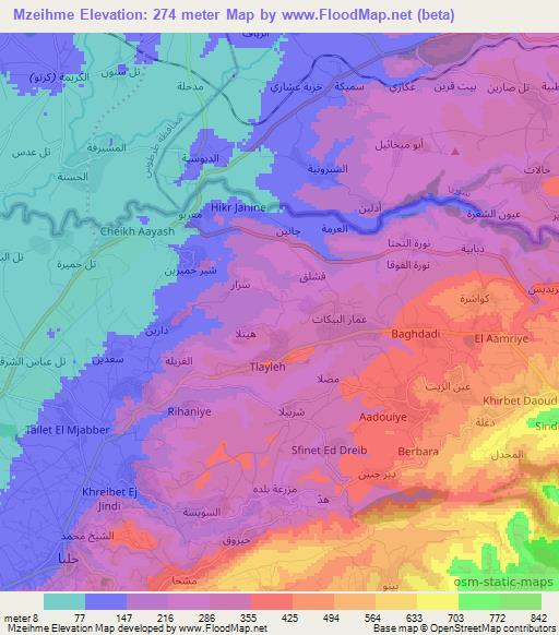 Mzeihme,Lebanon Elevation Map