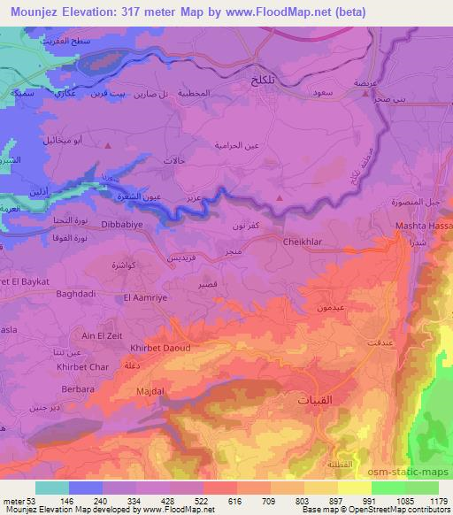 Mounjez,Lebanon Elevation Map