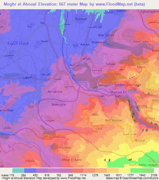 Moghr el Ahoual,Lebanon Elevation Map