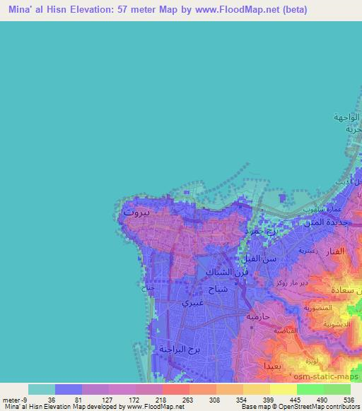 Mina' al Hisn,Lebanon Elevation Map