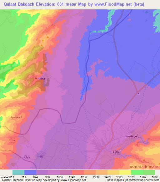 Qalaat Bakdach,Lebanon Elevation Map