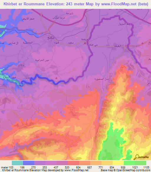 Khirbet er Roummane,Lebanon Elevation Map