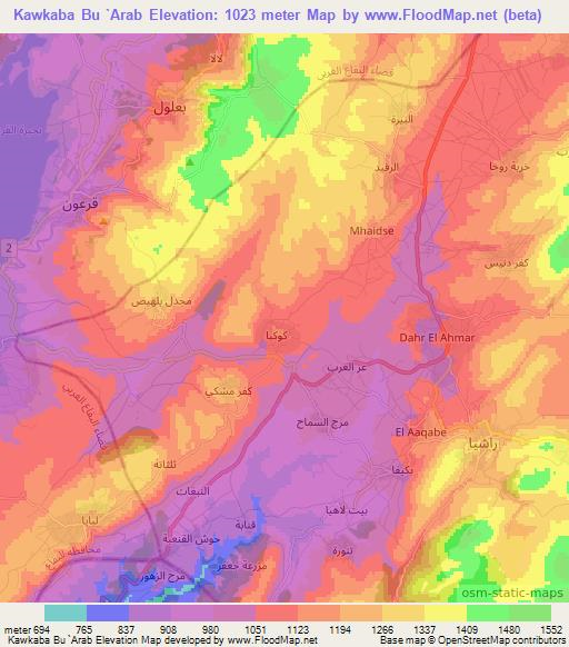 Kawkaba Bu `Arab,Lebanon Elevation Map