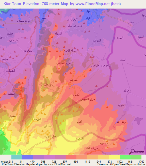 Kfar Toun,Lebanon Elevation Map