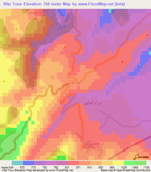 Kfar Toun,Lebanon Elevation Map